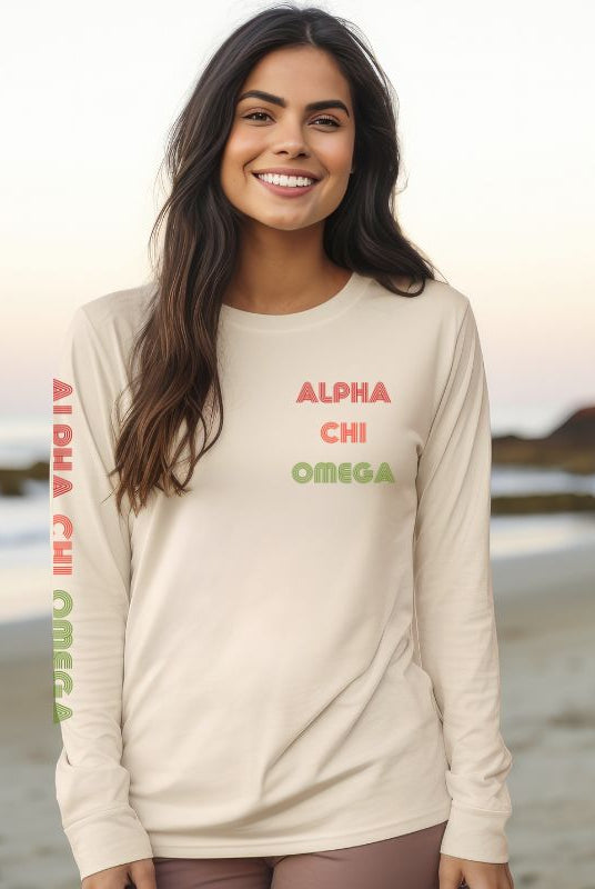 Long sleeve Bella Canva Alpha Chi Omega graphic tee with summer lettering - a stylish addition to your sorority shirts collection, perfect for showing off your Alpha Chi Omega pride