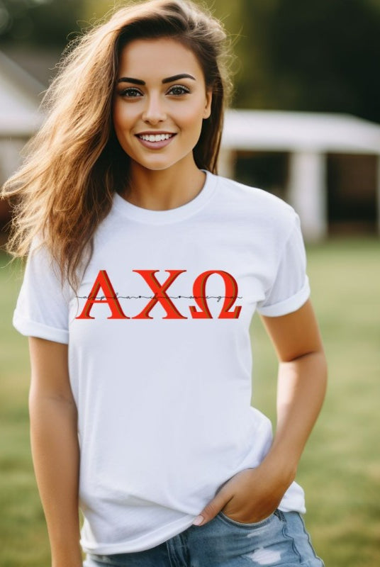 Elevate your sorority style with this Alpha Chi Omega Letters graphic tee - a must-have for any collection of sorority shirts that showcases your Alpha Chi Omega pride. White graphic Tee