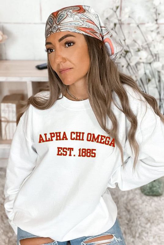 Alpha Chi Omega Est 1885 Sports lettering PNG sublimation digital download design, on a white graphic sweatshirt.