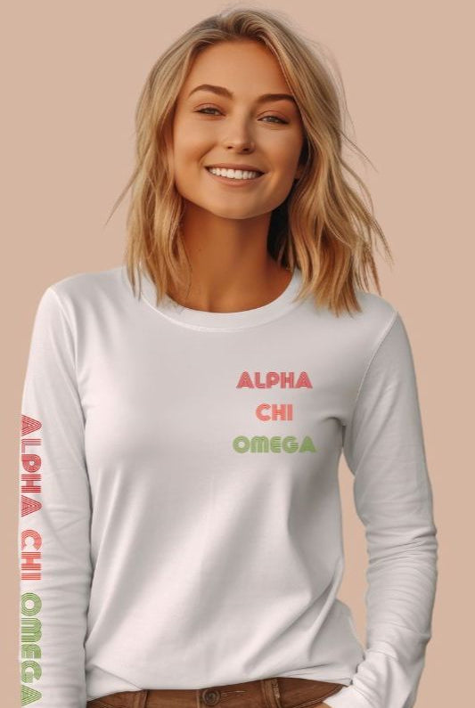Long sleeve Bella Canva Alpha Chi Omega graphic tee with summer lettering - a stylish addition to your sorority shirts collection, perfect for showing off your Alpha Chi Omega pride White graphic tee