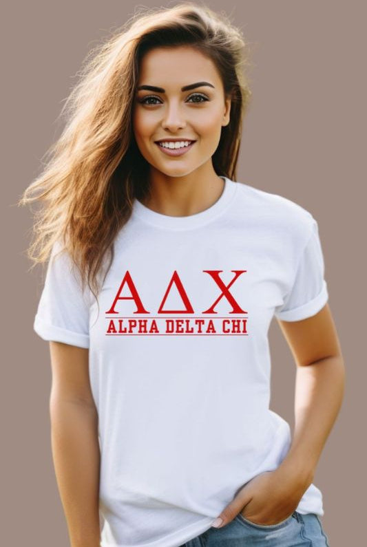 Alpha Delta Chi Sorority Letters College PNG sublimation digital download design, on a white graphic tee. 