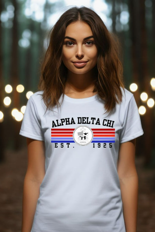 Alpha Delta Chi Crest PNG sublimation digital download design, on a white graphic tee.
