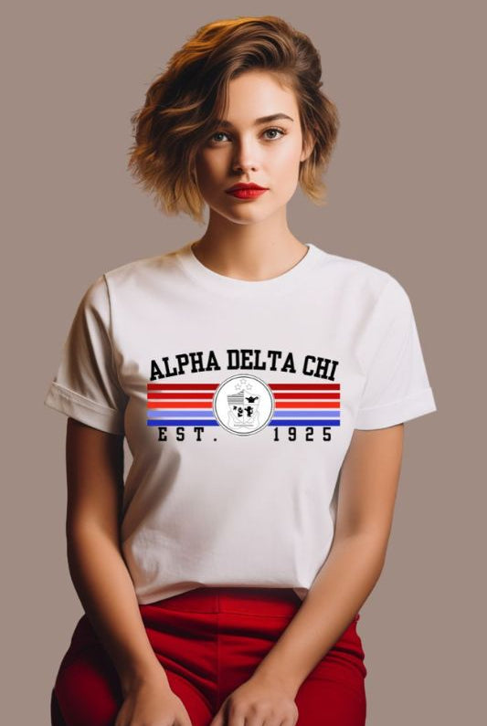 White graphic tee featuring the Alpha Delta Chi sorority letters and crest
