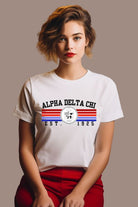 White graphic tee featuring the Alpha Delta Chi sorority letters and crest