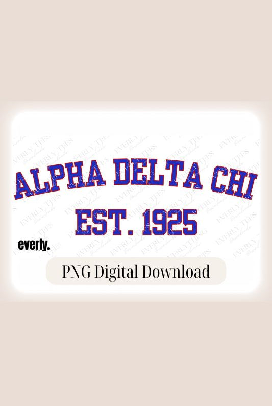Alpha Delta Chi Est.1925 Sports Lettering PNG sublimation digital download design, watermark image.