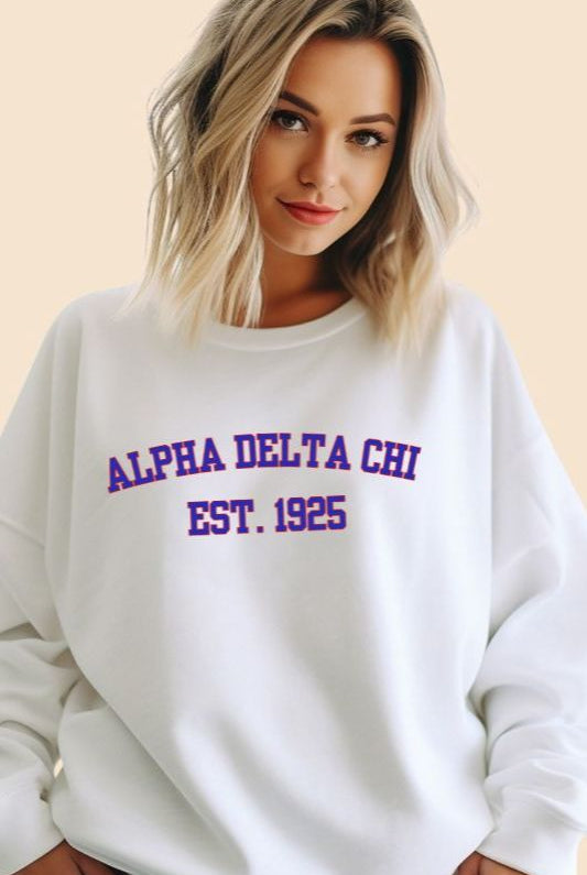 Alpha Delta Chi Est.1925 Sports Lettering PNG sublimation digital download design, on a white graphic sweatshirt.