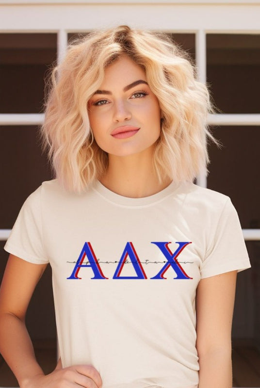 White graphic tee featuring Alpha Delta Chi letters in bold