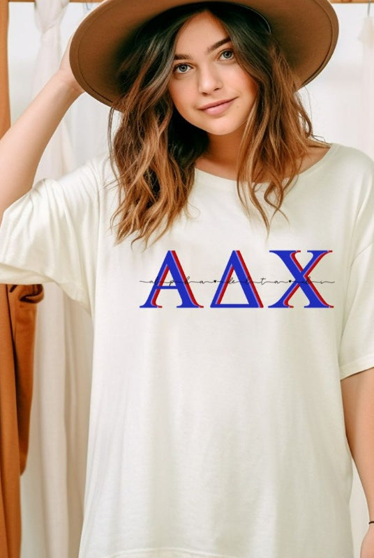 White graphic tee featuring Alpha Delta Chi letters in bold