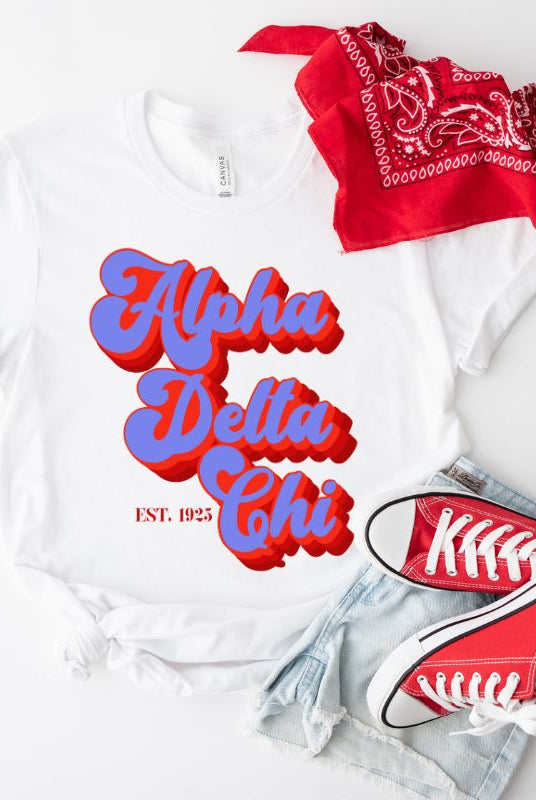 White graphic tee featuring 'Alpha Delta Chi' in retro lettering