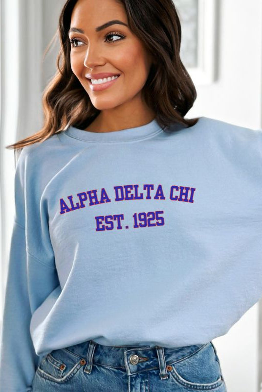Alpha Delta Chi Est.1925 Sports Lettering PNG sublimation digital download design, on a blue graphic sweatshirt.