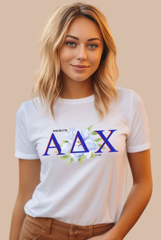 Alpha Delta Chi Sorority Flower PNG sublimation digital download design, on a white graphic tee