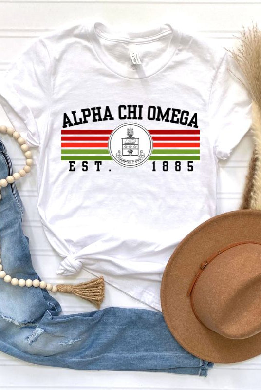 Alpha Chi Omega Sorority Crest PNG Sublimation Digital Download Design, on a white graphic tee.