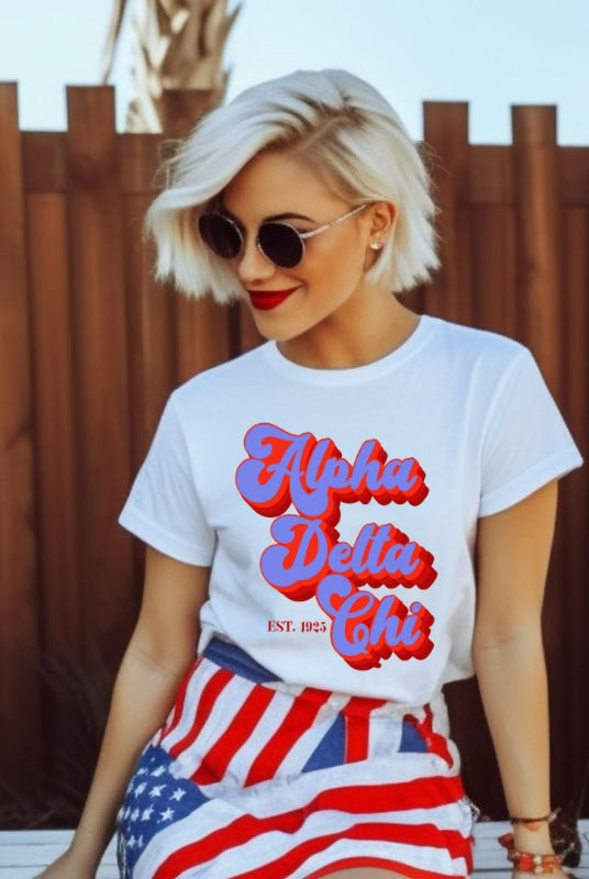 White graphic tee featuring 'Alpha Delta Chi' in retro lettering