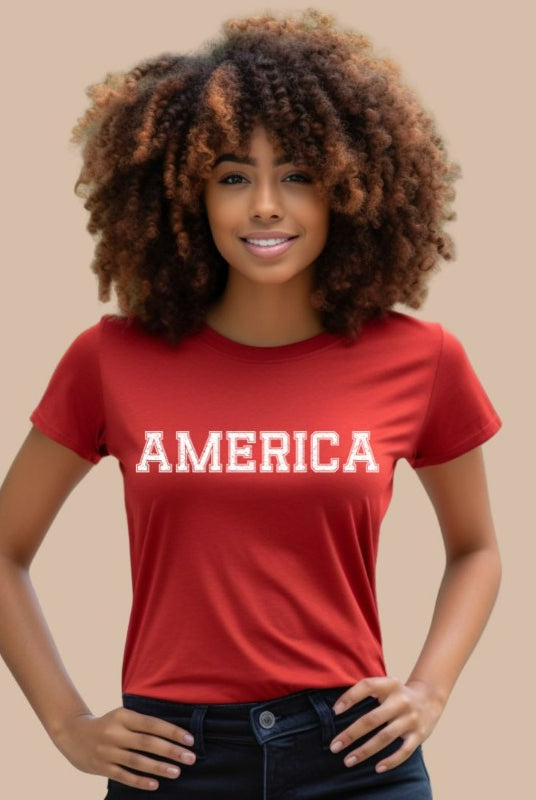 America Sports Lettering PNG Sublimation Design on a red t-shirt