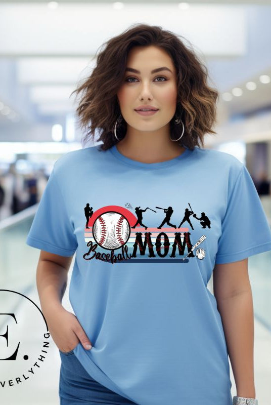 Step back in time with our retro-inspired PNG sublimation download for a baseball mom shirt. This vintage design exudes nostalgia and celebrates the timeless spirit of baseball. An example on a blue shirt. 