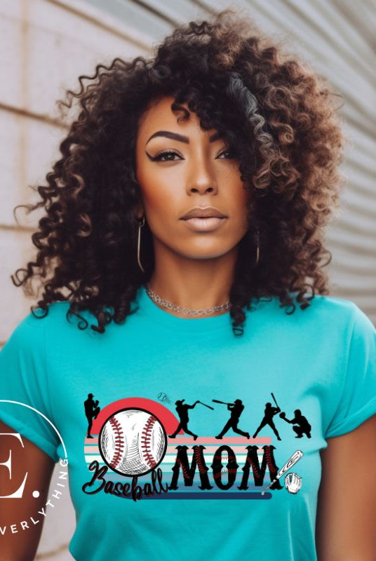 Step back in time with our retro-inspired PNG sublimation download for a baseball mom shirt. This vintage design exudes nostalgia and celebrates the timeless spirit of baseball. An example on a teal shirt. 