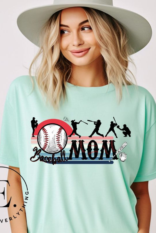Step back in time with our retro-inspired PNG sublimation download for a baseball mom shirt. This vintage design exudes nostalgia and celebrates the timeless spirit of baseball. An example on a mint shirt.