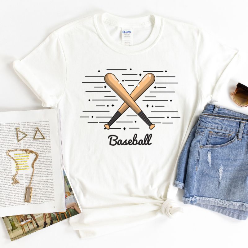 Baseball with Crossed Bats PNG Sublimation Design on a white graphic tee