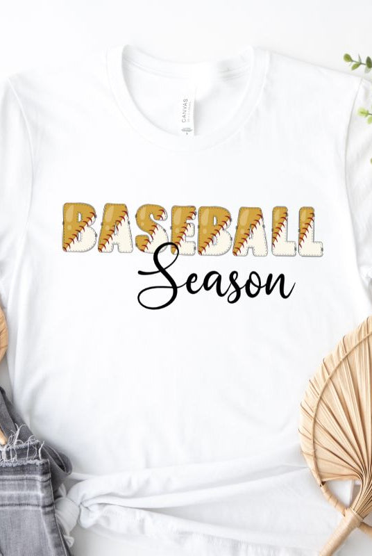 Baseball Season with Baseball Lettering PNG Sublimation Design on a white graphic tee