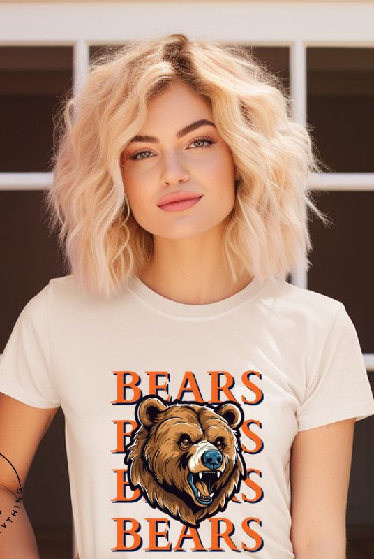 Roar into the game day spirit with our Bella Canvas 3001 unisex graphic tee! Unleash your love for the Chicago Bears with our exclusive design featuring a fierce bear illustration and the spirited mantra "Bears Bears Bears Bears" on a soft cream shirt. 