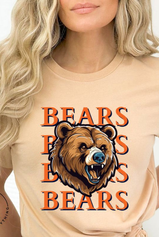 Roar into the game day spirit with our Bella Canvas 3001 unisex graphic tee! Unleash your love for the Chicago Bears with our exclusive design featuring a fierce bear illustration and the spirited mantra "Bears Bears Bears Bears" on a tan shirt.