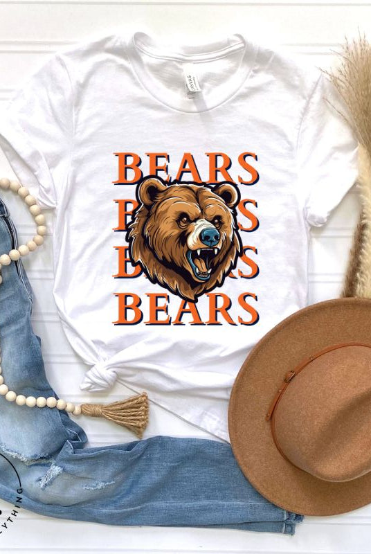 Roar into the game day spirit with our Bella Canvas 3001 unisex graphic tee! Unleash your love for the Chicago Bears with our exclusive design featuring a fierce bear illustration and the spirited mantra "Bears Bears Bears Bears" on a white shirt.