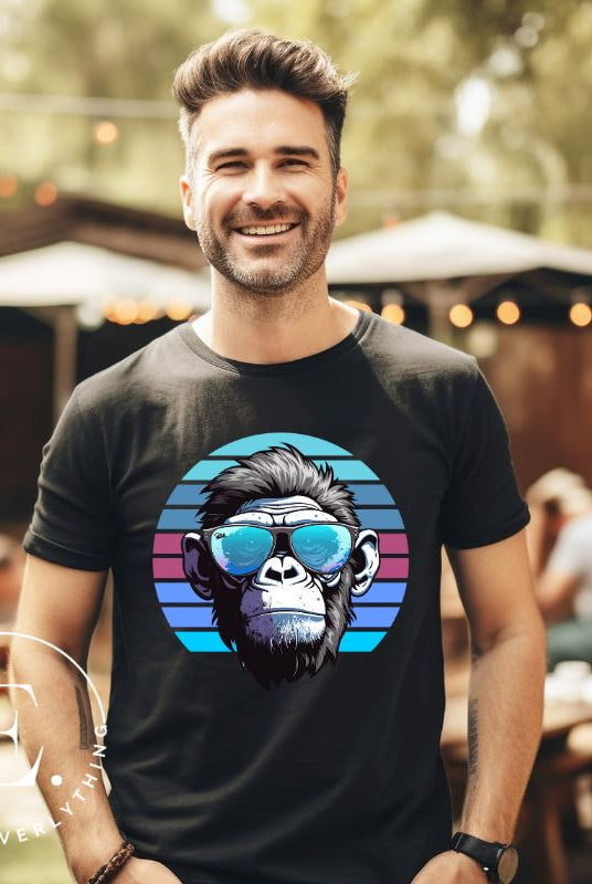 Hyper-realistic gorilla wearing sunglasses with a retro blue horizon behind on a black colored shirt. 