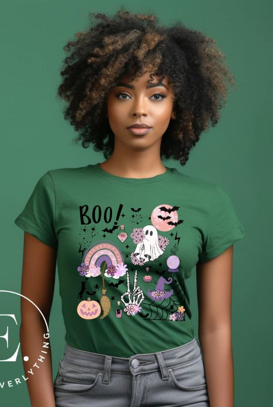 Experience the essence of Halloween with our bewitching shirt. Immerse yourself in a tapestry of Halloween symbols, from pumpkins to bats and witches, and all centered around the timeless exclamation, 'Boo!' This captivating design embodies the spirit of the season, on a green shirt. 