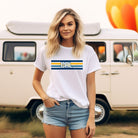 Bella + Canvas 3001 unisex t-shirt featuring blue and gold horizontal stripes with "CAL" text prominently displayed in the center on a white graphic tee.