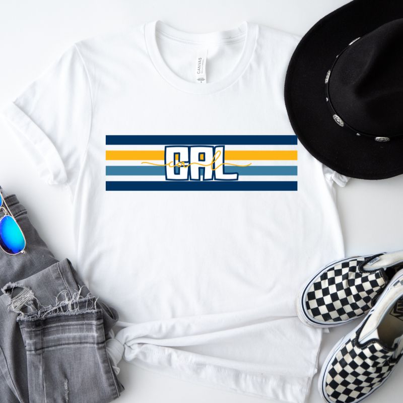 Bella + Canvas 3001 unisex t-shirt featuring blue and gold horizontal stripes with "CAL" text prominently displayed in the center on a white graphic tee.