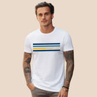 Bella + Canvas 3001 unisex t-shirt featuring bold blue and gold horizontal stripes with the word "CALIFORNIA" prominently displayed in the center on a white shirt