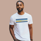 Bella + Canvas 3001 unisex t-shirt featuring bold blue and gold horizontal stripes with the word "CALIFORNIA" prominently displayed in the center on a white shirt