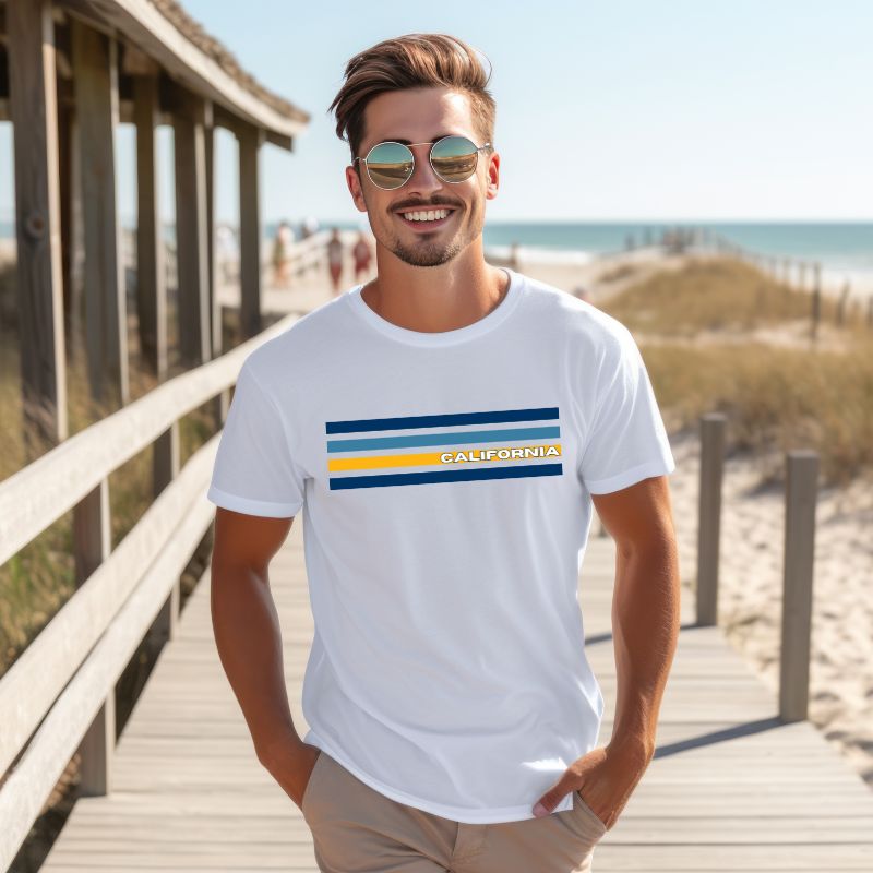 Bella + Canvas 3001 unisex t-shirt featuring bold blue and gold horizontal stripes with the word "CALIFORNIA" prominently displayed in the center  on a white shirt