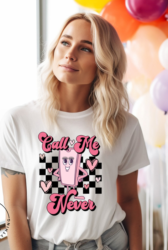 Step back in time with our retro Valentine's Day shirt. Featuring a quirky cell phone person, this tee adds a playful twist to the season of love on a white shirt. 