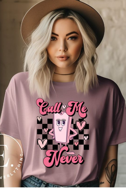 Step back in time with our retro Valentine's Day shirt. Featuring a quirky cell phone person, this tee adds a playful twist to the season of love on a mauve shirt. 