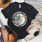 Black Bella + Canvas 3001 unisex t-shirt with a summer camping graphic design featuring a tent, campfire, and starry sky with the words 'Campfire Tales, Starry Trails' around the image.