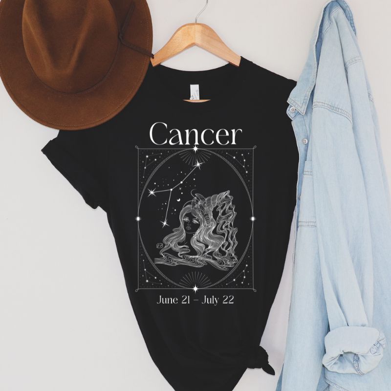 Bella + Canvas 3001 black heather Cancer Zodiac shirt featuring an intricate Cancer symbol design, constellation, and dates June 21 - July 22.