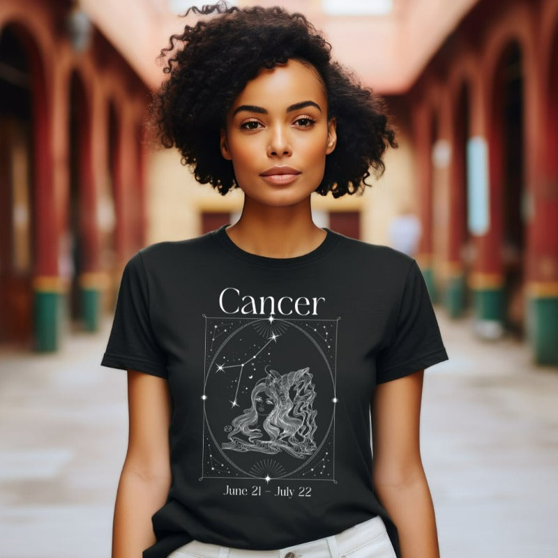 Bella + Canvas 3001 black heather Cancer Zodiac shirt featuring an intricate Cancer symbol design, constellation, and dates June 21 - July 22.