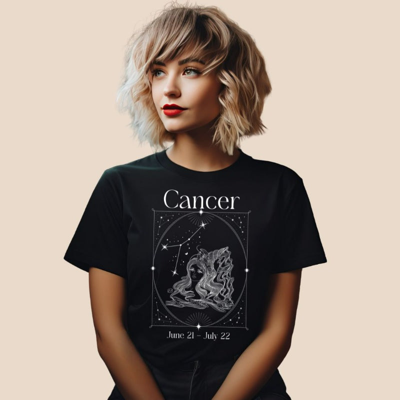 Bella + Canvas 3001 black heather Cancer Zodiac shirt featuring an intricate Cancer symbol design, constellation, and dates June 21 - July 22.