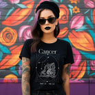 Bella + Canvas 3001 black heather Cancer Zodiac shirt featuring an intricate Cancer symbol design, constellation, and dates June 21 - July 22.