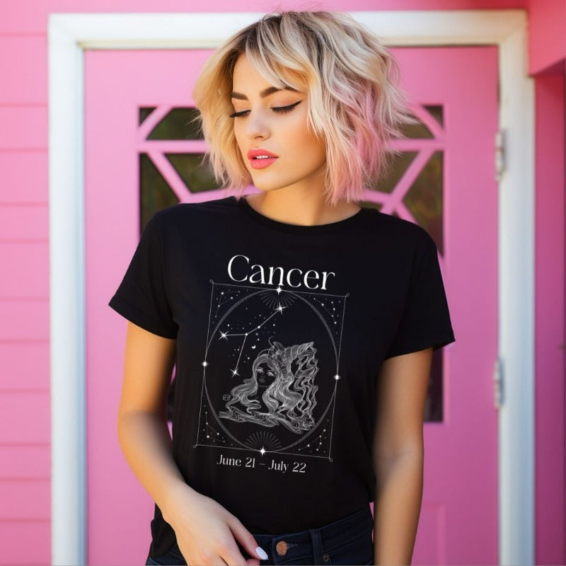 Bella + Canvas 3001 black heather Cancer Zodiac shirt featuring an intricate Cancer symbol design, constellation, and dates June 21 - July 22.