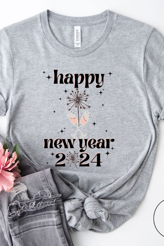 Welcome 2024 in sparkling style with our 'Happy New Year 2024' shirt. Adorned with two clinking champagne glasses amidst fireworks on a grey shrt. 