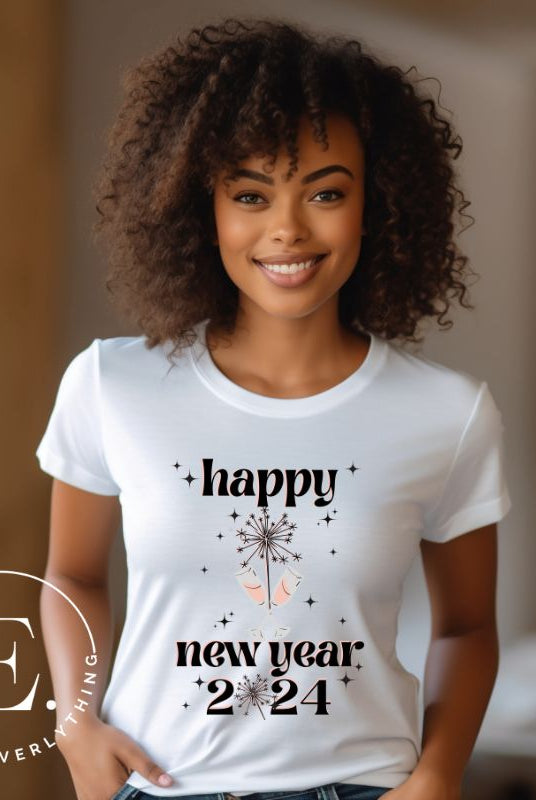 Welcome 2024 in sparkling style with our 'Happy New Year 2024' shirt. Adorned with two clinking champagne glasses amidst fireworks on a white shirt. 