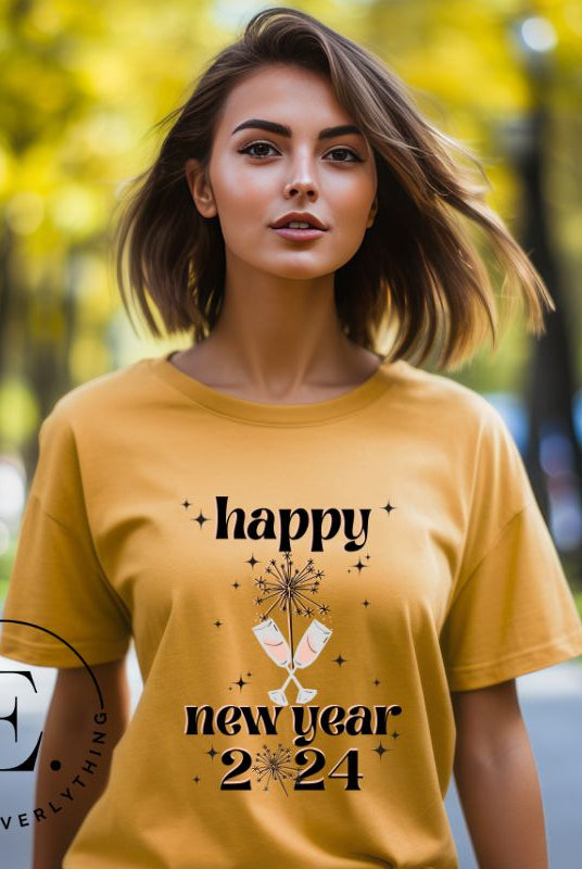 Welcome 2024 in sparkling style with our 'Happy New Year 2024' shirt. Adorned with two clinking champagne glasses amidst fireworks on a yellow shirt. 