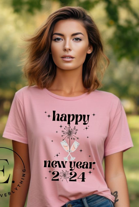 Welcome 2024 in sparkling style with our 'Happy New Year 2024' shirt. Adorned with two clinking champagne glasses amidst fireworks on a pink shirt. 