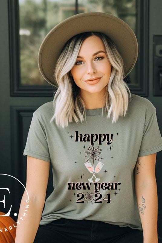 Welcome 2024 in sparkling style with our 'Happy New Year 2024' shirt. Adorned with two clinking champagne glasses amidst fireworks on a green shirt. 