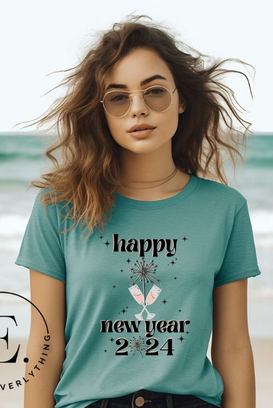 Welcome 2024 in sparkling style with our 'Happy New Year 2024' shirt. Adorned with two clinking champagne glasses amidst fireworks on a teal shirt. 