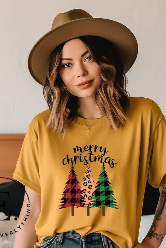 Get ready to unleash your wild side this Christmas with our unique shirt. This design is a bold and playful take on the holiday season, featuring three Christmas trees adorned with fierce cheetah print on a yellow shirt. 