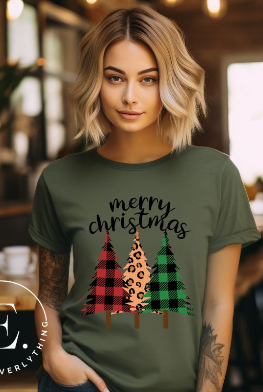 Get ready to unleash your wild side this Christmas with our unique shirt. This design is a bold and playful take on the holiday season, featuring three Christmas trees adorned with fierce cheetah print on a green shirt. 