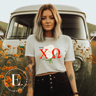 Elevate your Chi Omega spirit with our downloadable PNG sublimation t-shirt design! Featuring the sorority letters and the elegant white carnation on a white shirt. 